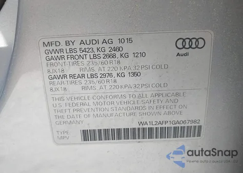 2016 Audi Q5 2.0T Premium z USA, uszkodzony, nr VIN WA1L2AFP1GA067982
